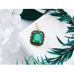 Przywieszka złota 14KT prostokątna markiza zielony szmaragd czarne cyrkonie