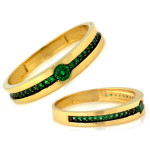 Złoty pierścionek 585 z zielonymi cyrkoniami na prezent modny wzór