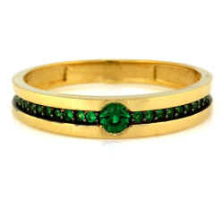 Złoty pierścionek 585 z zielonymi cyrkoniami na prezent modny wzór