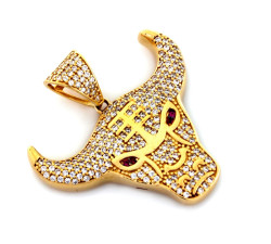 Złota zawieszka 585 subtelna elegancka duża głowa byka wysadzana białymi cyrkoniami na prezent