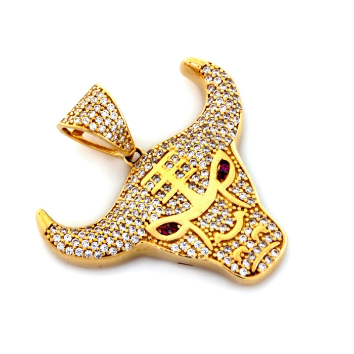 Złota zawieszka 585 subtelna elegancka duża głowa byka wysadzana białymi cyrkoniami na prezent