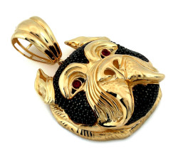 Złota 585 zawieszka ponadczasowa głowa psa z czarnymi zdobieniami cyrkonie na prezent
