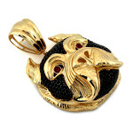 Złota 585 zawieszka ponadczasowa głowa psa z czarnymi zdobieniami cyrkonie na prezent