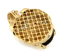 Złota 585 zawieszka ponadczasowa głowa psa z czarnymi zdobieniami cyrkonie na prezent