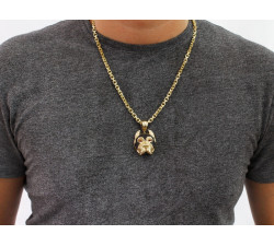 Złota 585 zawieszka ponadczasowa głowa psa z czarnymi zdobieniami cyrkonie na prezent