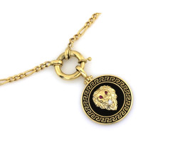 Złoty naszyjnik 585 z ozdobną głową lwa w czarnej emalii i wzorem greckim