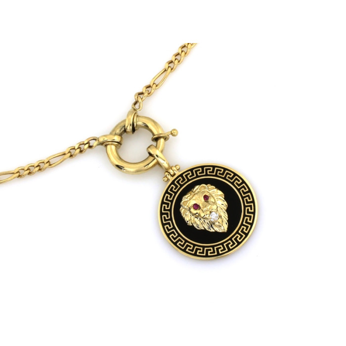 Złoty naszyjnik 585 z ozdobną głową lwa w czarnej emalii i wzorem greckim
