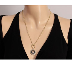 Złoty naszyjnik 585 z ozdobną głową lwa w czarnej emalii i wzorem greckim