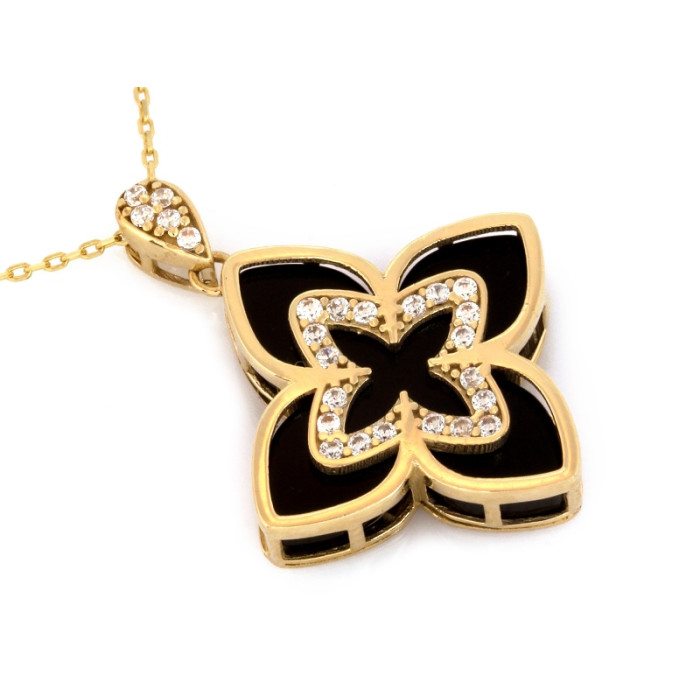 Złoty naszyjnik 585 z dużym motywem kwiatowym cyrkonie i czarnymi onyksami