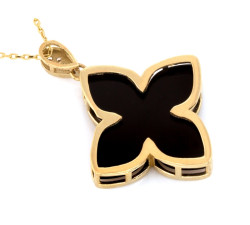 Złoty naszyjnik 585 z dużym motywem kwiatowym cyrkonie i czarnymi onyksami