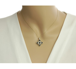 Złoty naszyjnik 585 z dużym motywem kwiatowym cyrkonie i czarnymi onyksami