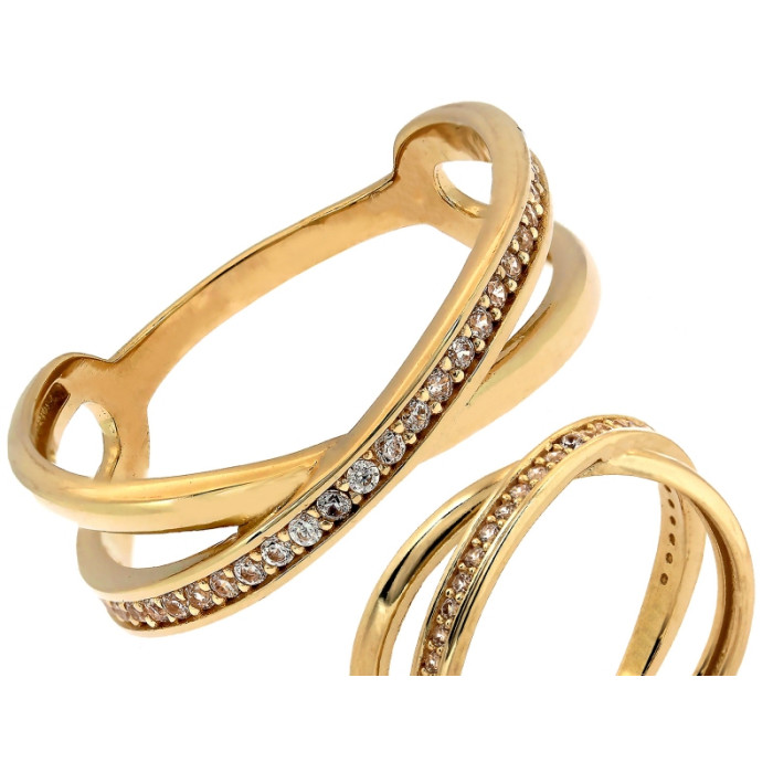 Złoty pierścionek 585 delikatny przeplatany zdobiony z cyrkoniami na prezent