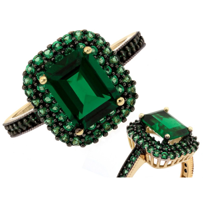 Złoty pierścionek 585 elegancka markiza ze szmaragdami z czarnym rodem na prezent