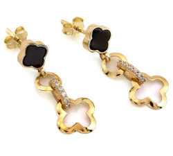 Kolczyki złote 585 modne wiszące na sztyfcie z czarnym kwiatkiem