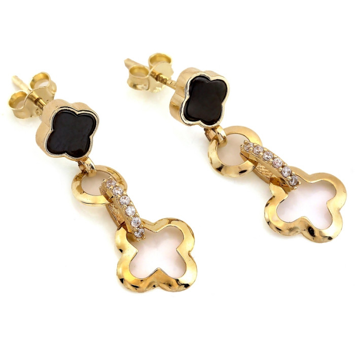 Kolczyki złote 585 modne wiszące na sztyfcie z czarnym kwiatkiem