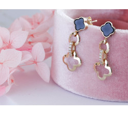 Kolczyki złote 585 modne wiszące na sztyfcie z czarnym kwiatkiem