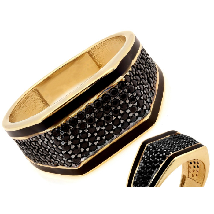 Sygnet złoty 585 z czarnymi cyrkoniami z czarnym rodem unisex