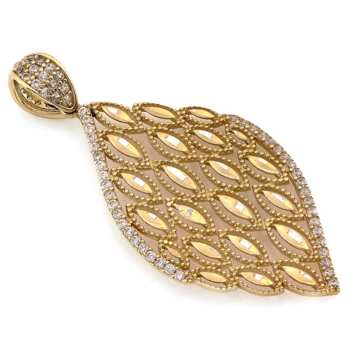 Przywieszka 585 złota duża ekskluzywna z ażurem i błyszczącymi cyrkoniami modny kształt liść