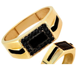 Złoty sygnet 585 unisex z czarnymi cyrkoniami dla mężczyzny