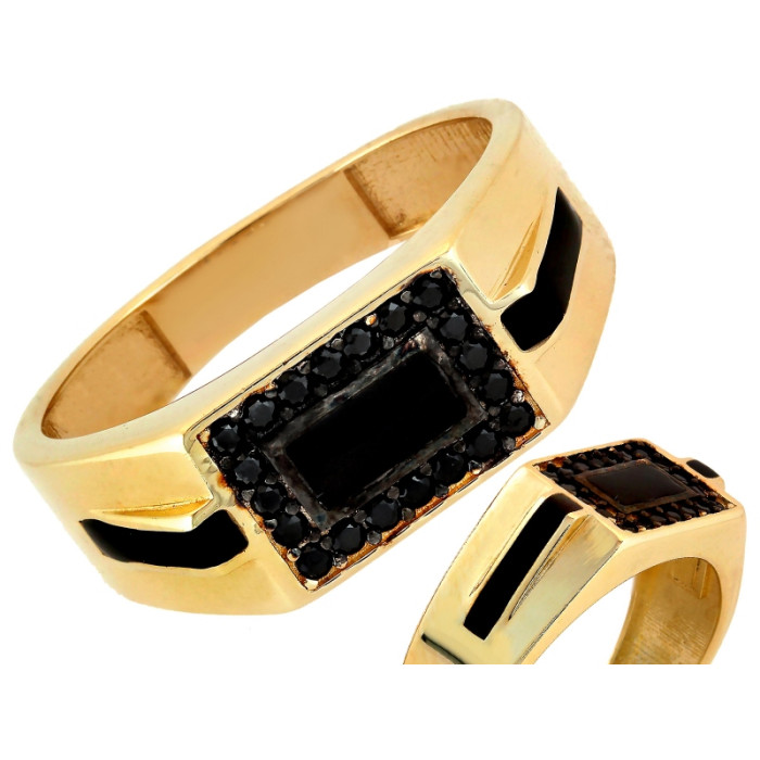Złoty sygnet 585 unisex z czarnymi cyrkoniami dla mężczyzny