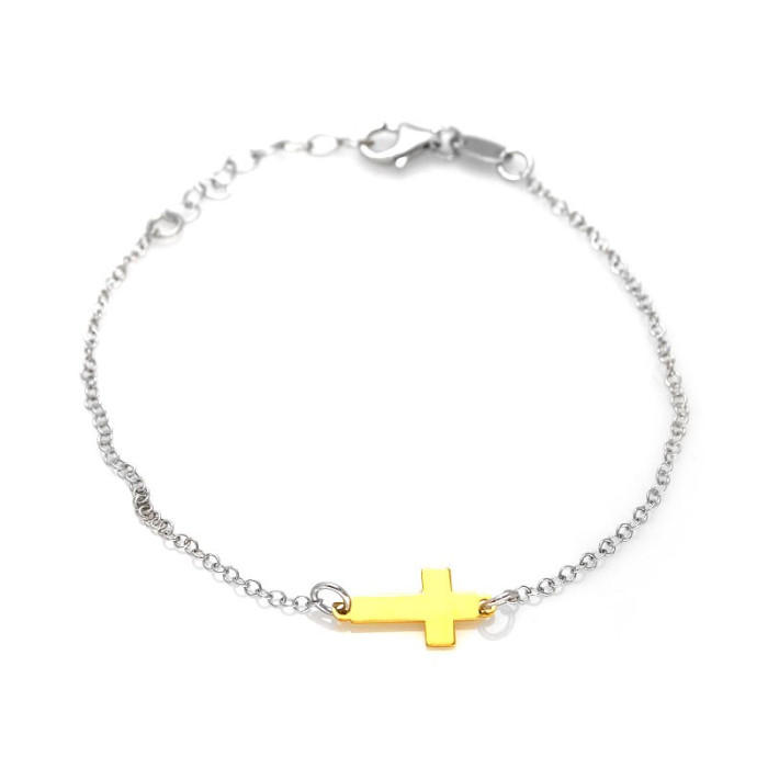 Elegancka bransoletka srebrna 925 z pozłacanym krzyżykiem w stylu celebrytki