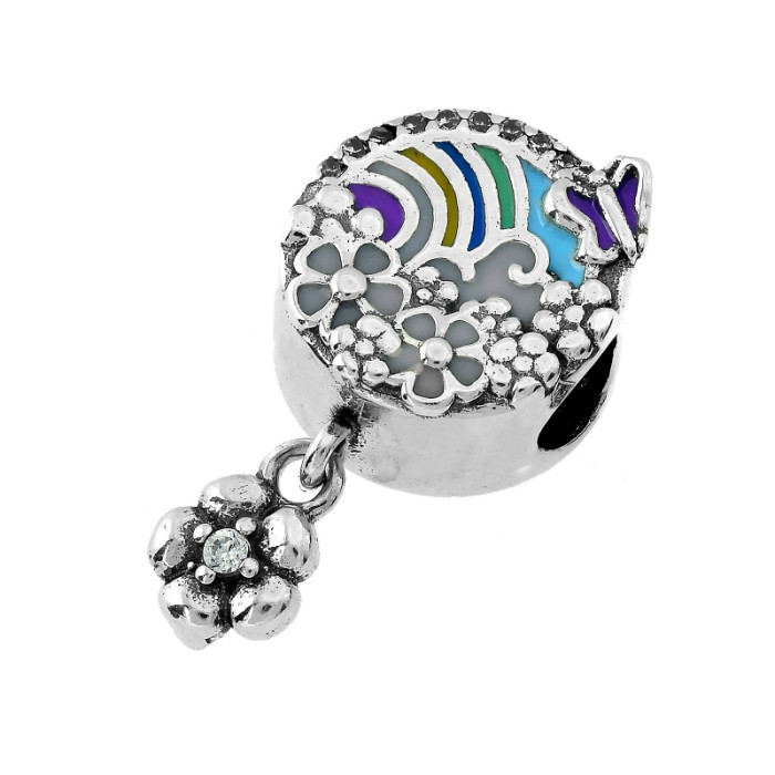 Srebrna przywieszka charms 925 beads do bransoletki z kwiatuszkami