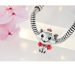 Srebrny wisiorek charms 925 dziecięcy beads myszka z różową kokardką