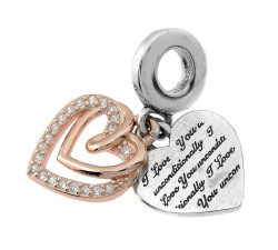 Charms ze srebra 925 wiszące dwa serca z cyrkoniami