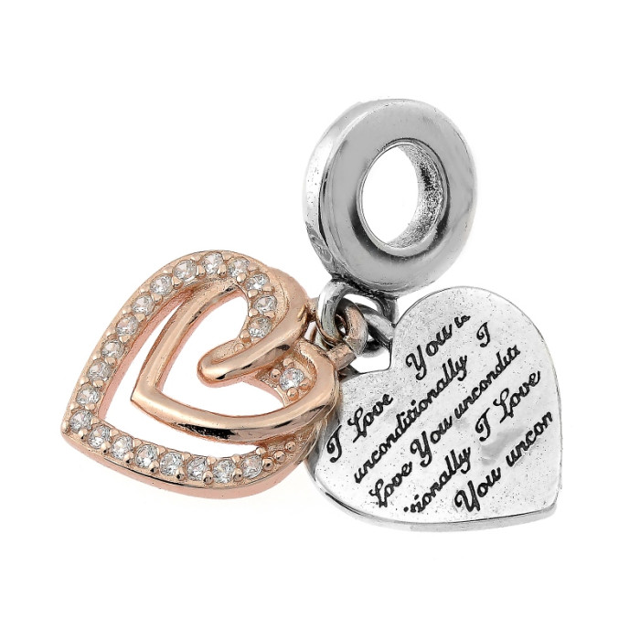 Charms ze srebra 925 wiszące dwa serca z cyrkoniami