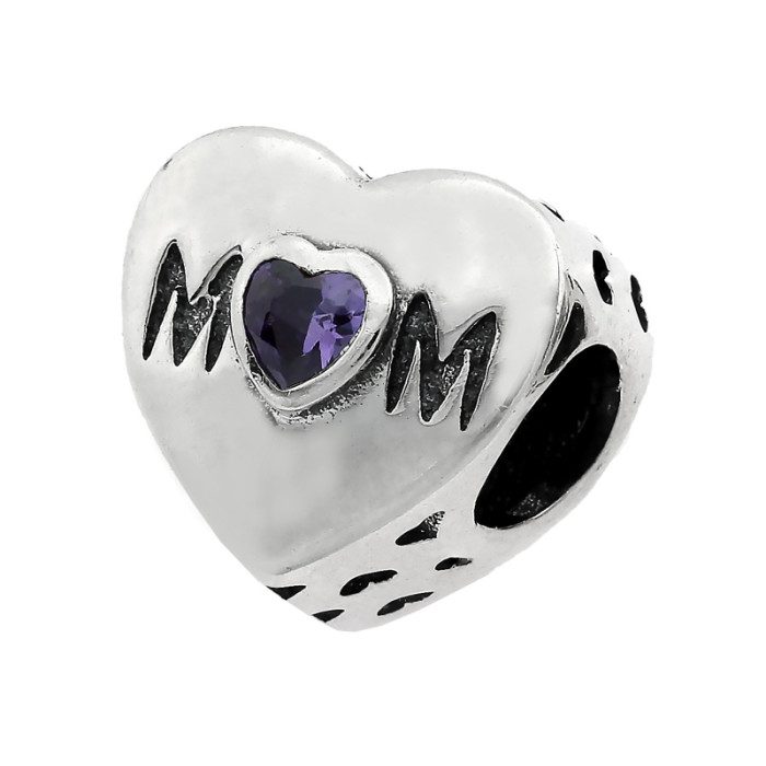 Charms beads do bransoletki ze srebra 925 serce z fioletową cyrkonią
