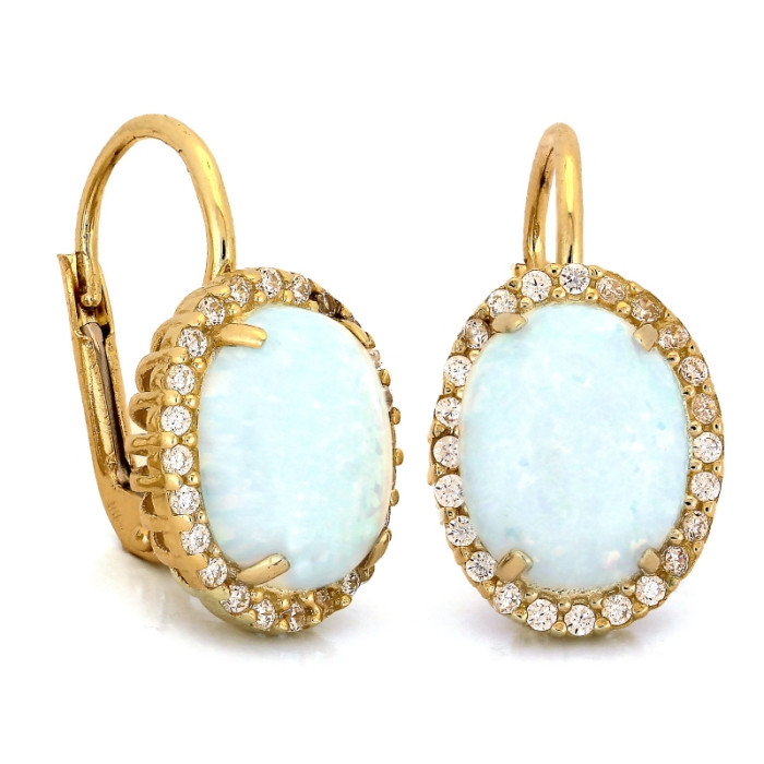 Złote kolczyki markiza z opalem i cyrkoniami, 14k