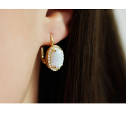 Złote kolczyki markiza z opalem i cyrkoniami, 14k