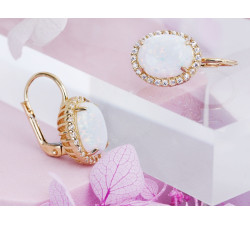 Złote kolczyki markiza z opalem i cyrkoniami, 14k