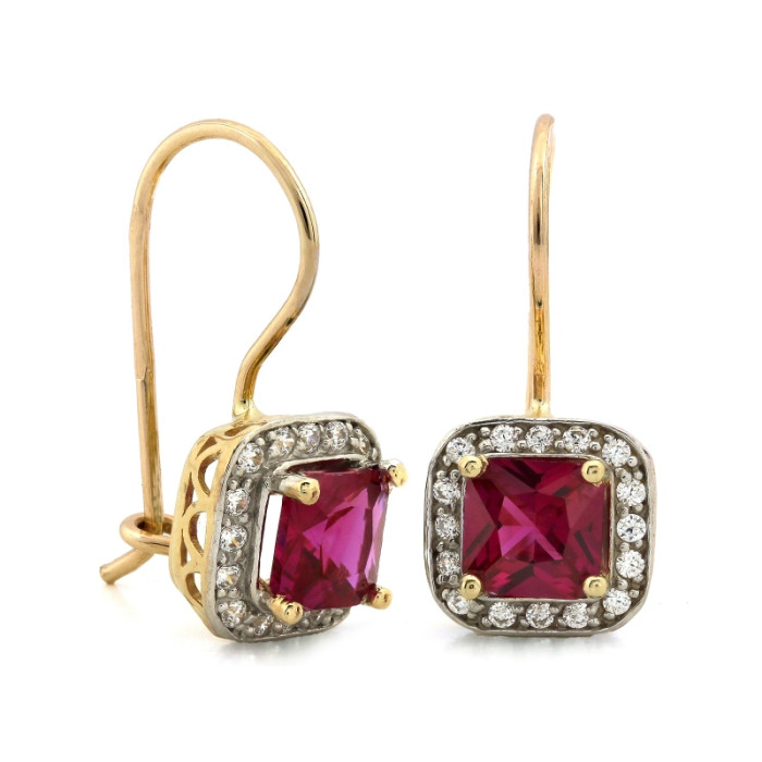 Złote kolczyki z rubinem i cyrkoniami