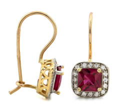 Złote kolczyki z rubinem i cyrkoniami