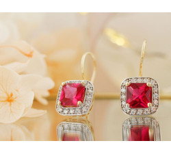 Złote kolczyki z rubinem i cyrkoniami