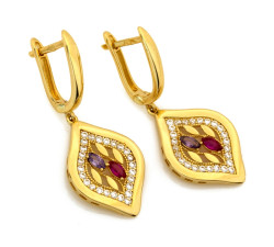 Złote kolczyki wiszące zdobione kolorowymi cyrkoniami
