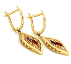 Złote kolczyki wiszące zdobione kolorowymi cyrkoniami