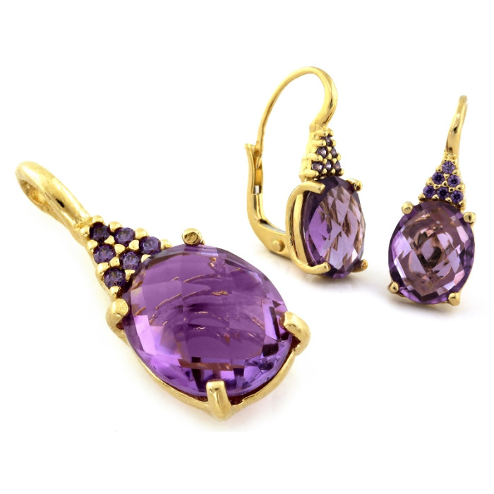 Złoty komplet biżuterii z ametystem i cyrkoniami