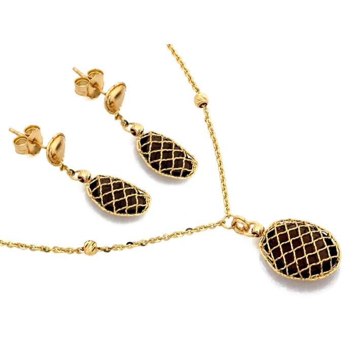 Złoty komplet biżuterii z kwarcem dymnym