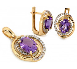 Komplet złoty kolczyki i zawieszka z ametystem