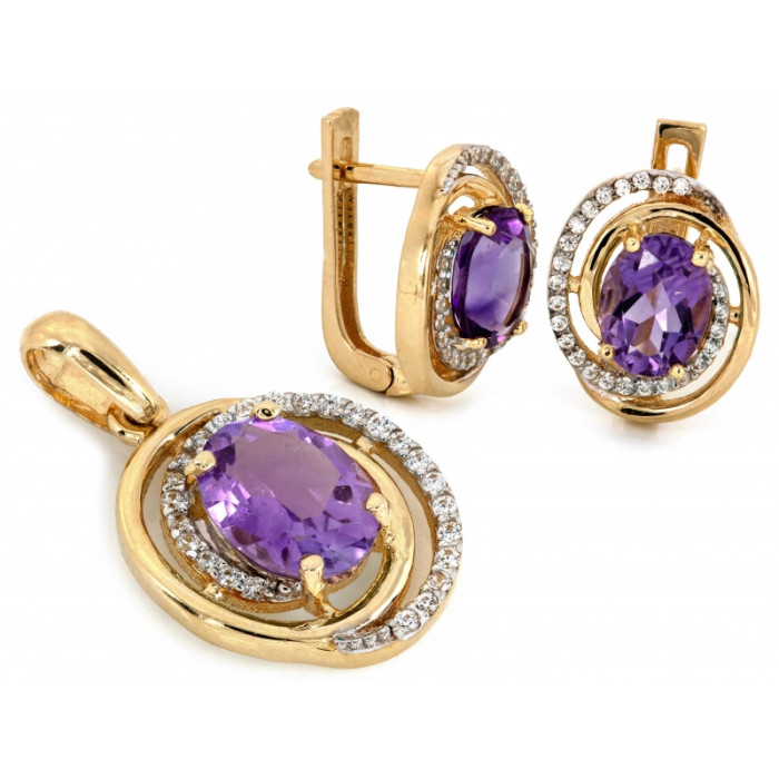 Komplet złoty kolczyki i zawieszka z ametystem