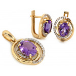 Komplet złoty kolczyki i zawieszka z ametystem