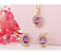 Komplet złoty kolczyki i zawieszka z ametystem