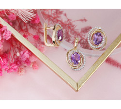Komplet złoty kolczyki i zawieszka z ametystem