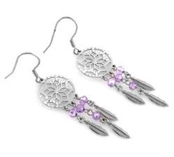 Srebrne kolczyki łapacze snów z fioletowymi kamieniami