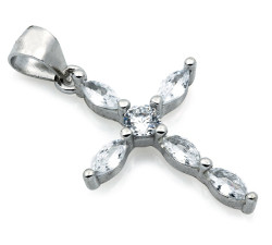 Srebrna przywieszka krzyżyk z kamieniami.