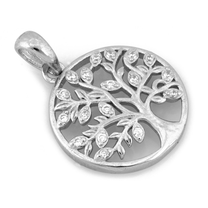 Zawieszka srebrna okrągła z drzewkiem szczęścia z cyrkoniami