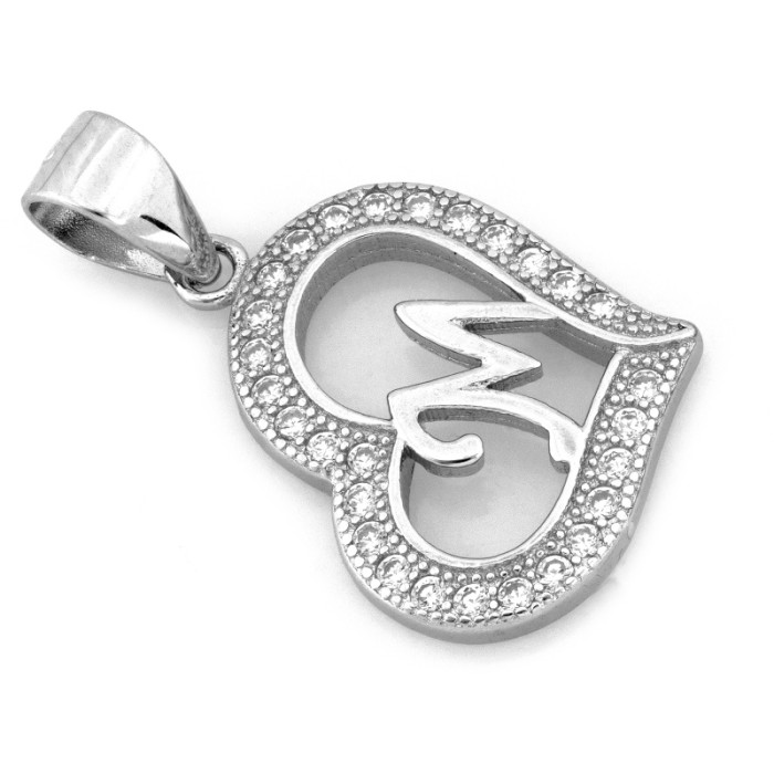 Srebrna zawieszka serce z literką M z cyrkoniami