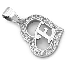 Srebrna zawieszka z sercem z cyrkoniami z literką E